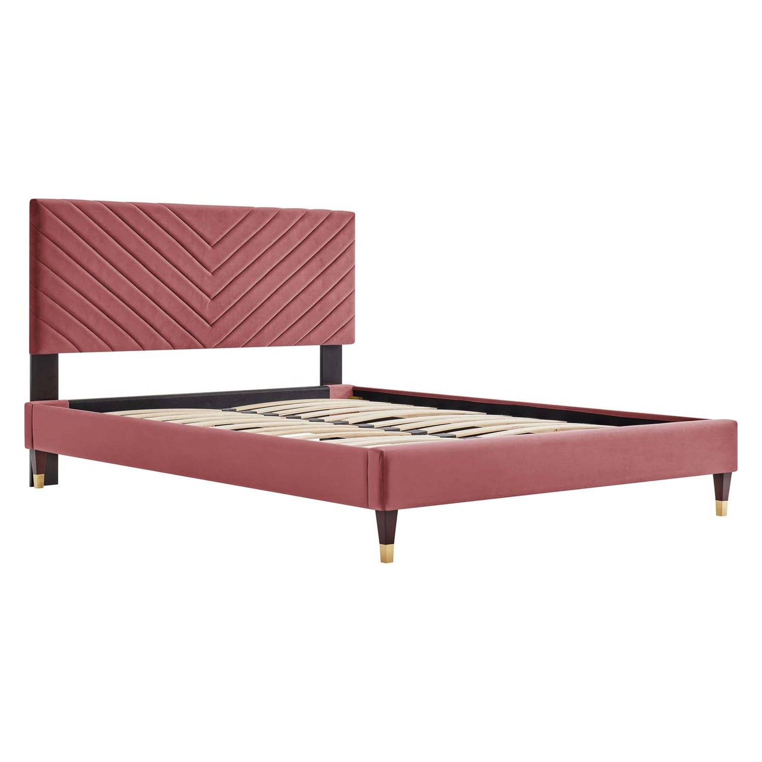 Roxanne Performance Velvet Platform Bed With Wood and Gold Legs by Modway