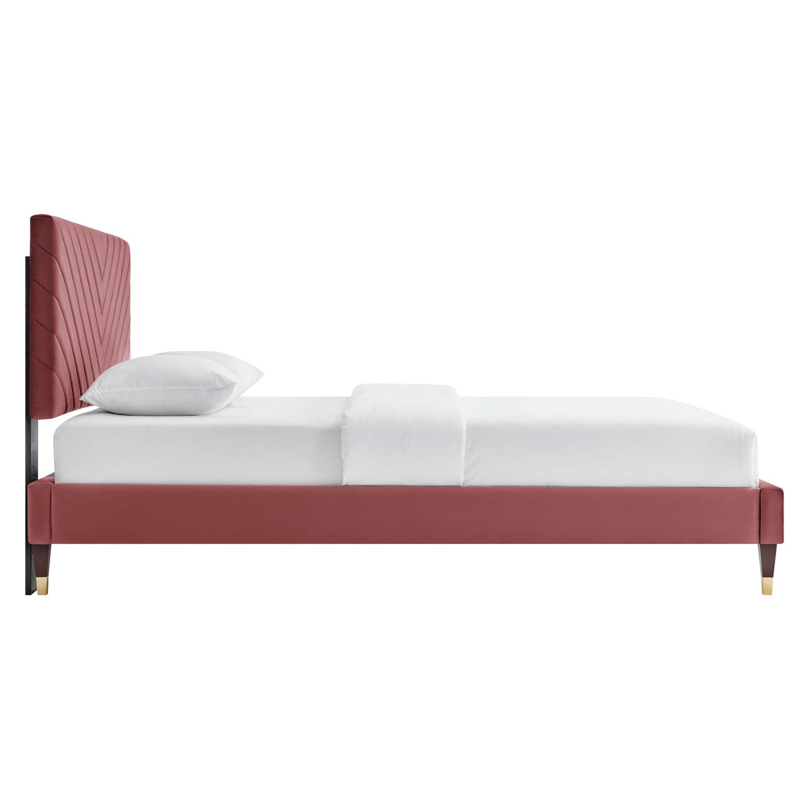 Roxanne Performance Velvet Platform Bed With Wood and Gold Legs by Modway