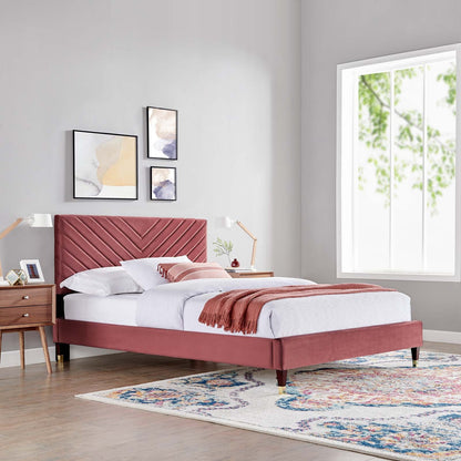 Roxanne Performance Velvet Platform Bed With Wood and Gold Legs by Modway