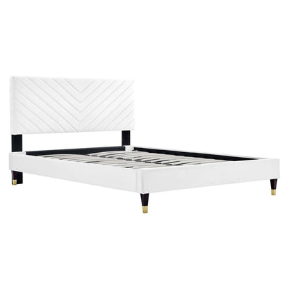 Roxanne Performance Velvet Platform Bed With Wood and Gold Legs by Modway