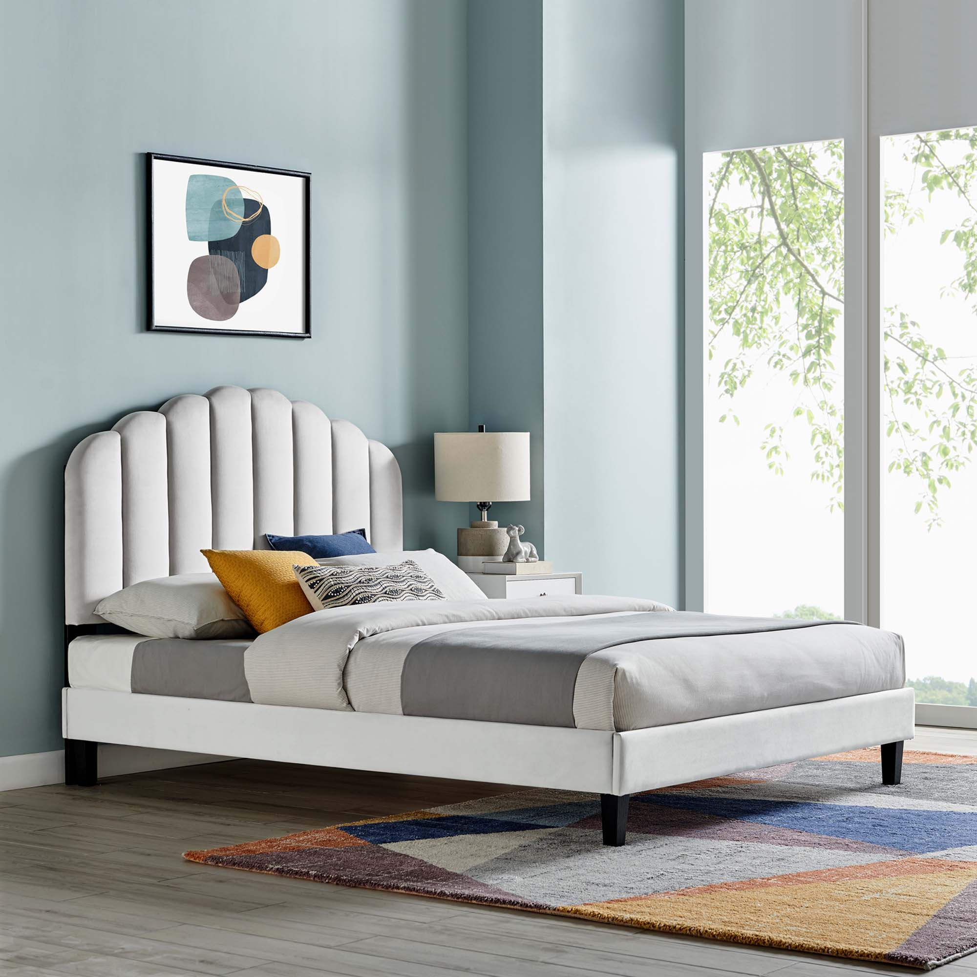 Daisy Performance Velvet Platform Bed With Black Wood Legs by Modway