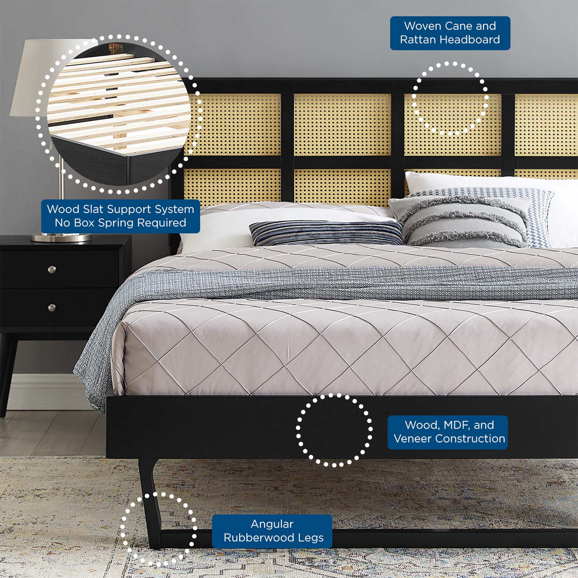 Sidney Cane and Wood Platform Bed With Angular Legs by Modway