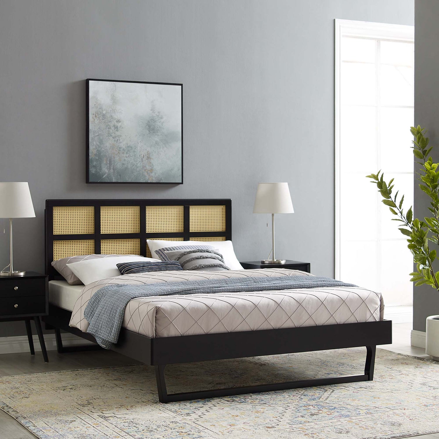 Sidney Cane and Wood Platform Bed With Angular Legs by Modway