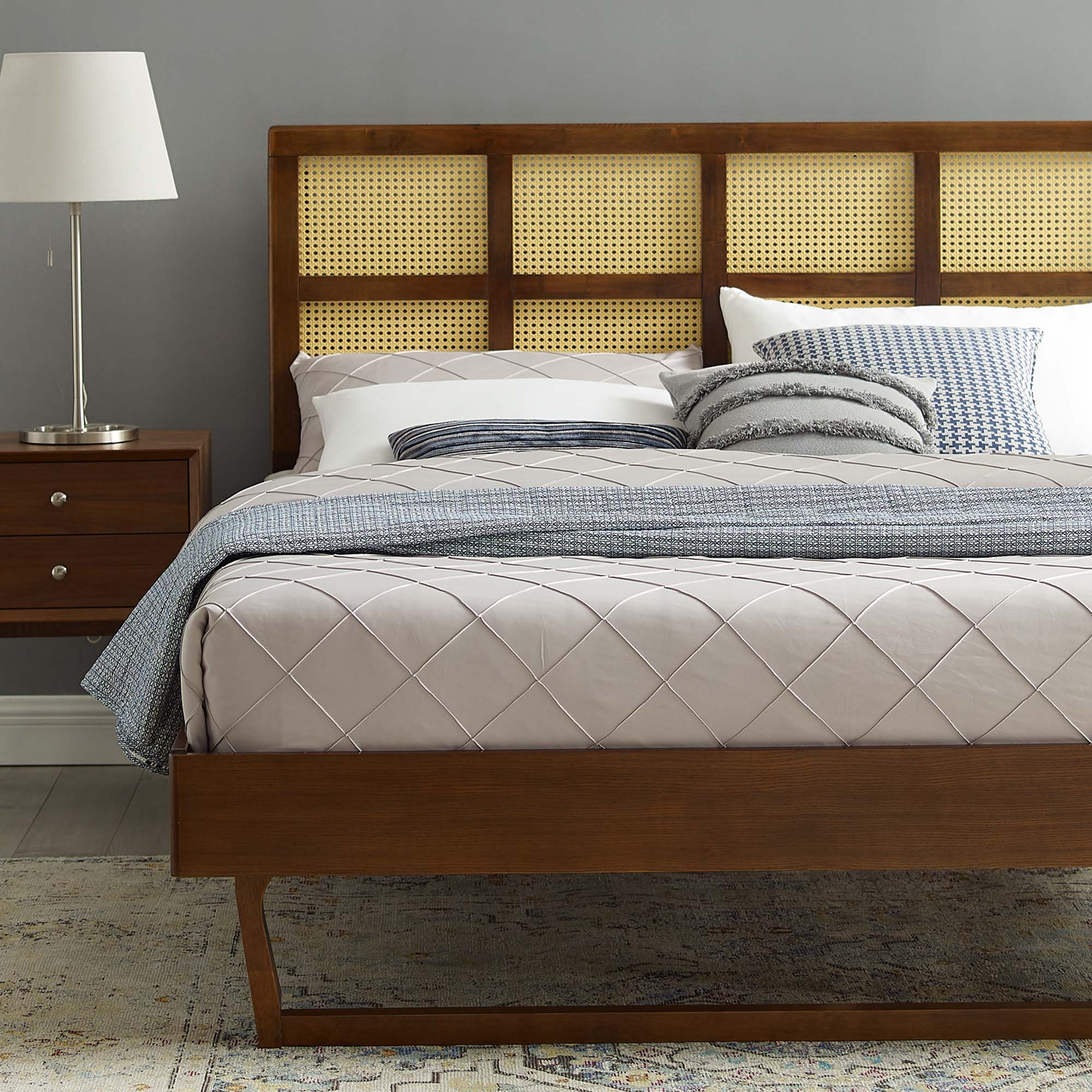 Sidney Cane and Wood Platform Bed With Angular Legs by Modway