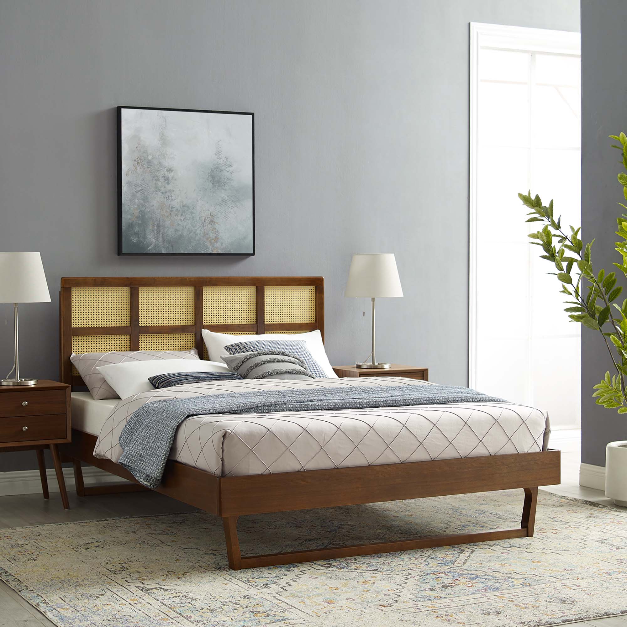 Sidney Cane and Wood Platform Bed With Angular Legs by Modway