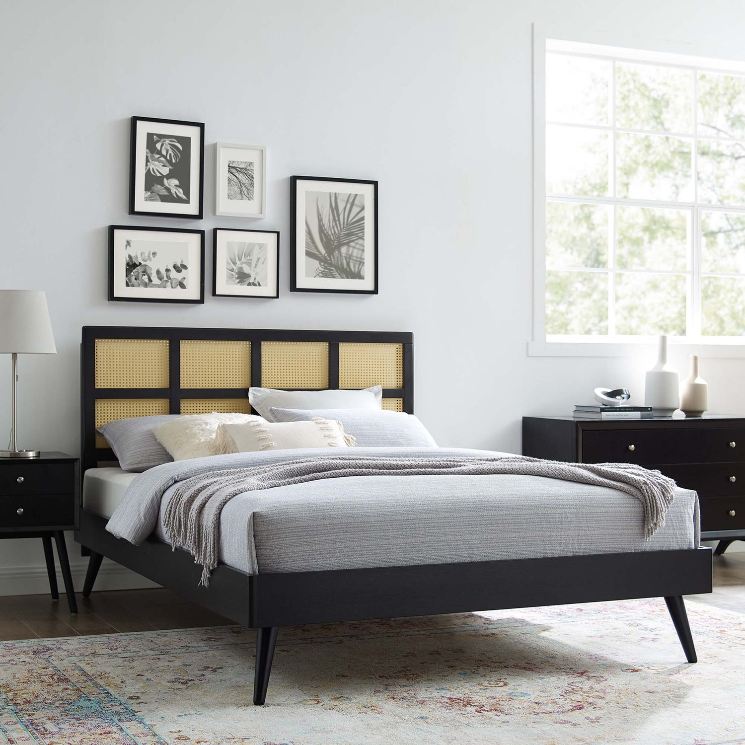 Sidney Cane and Wood Platform Bed With Splayed Legs by Modway