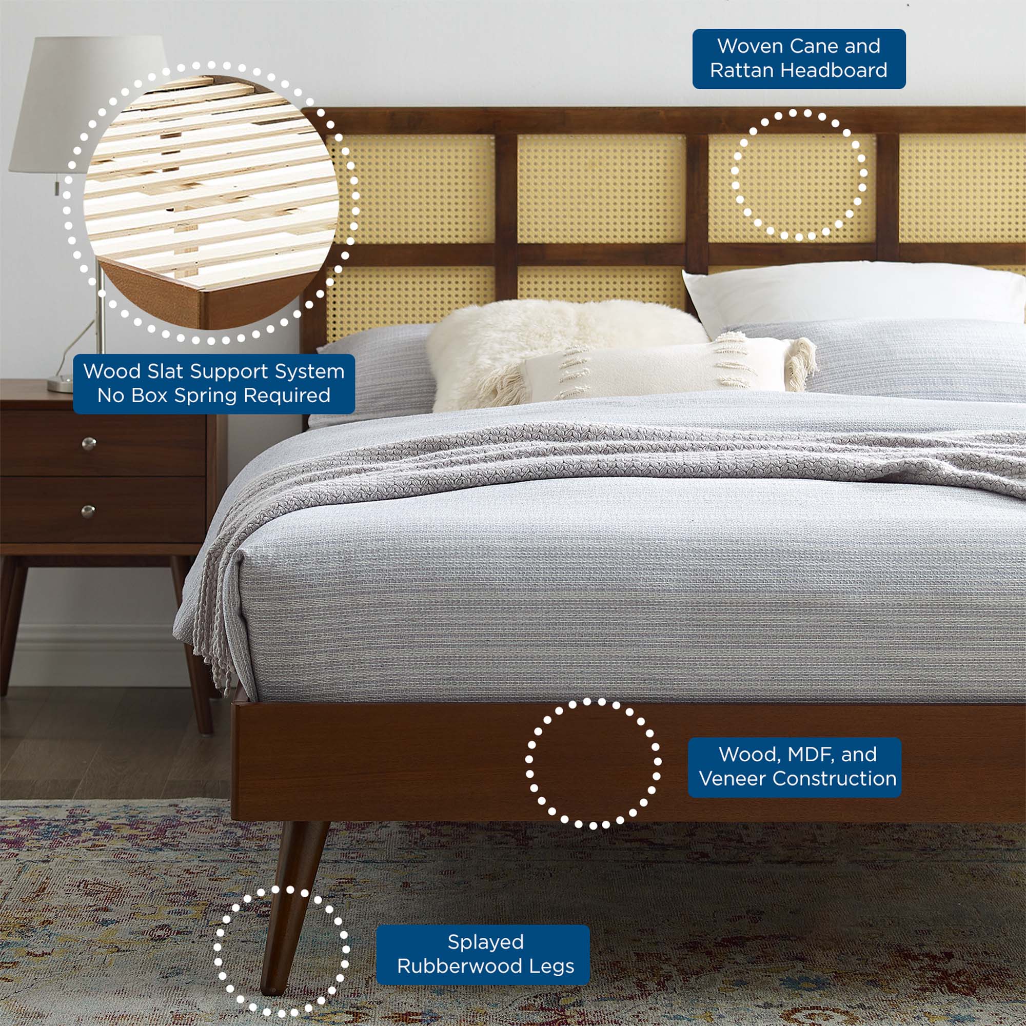 Sidney Cane and Wood Platform Bed With Splayed Legs by Modway