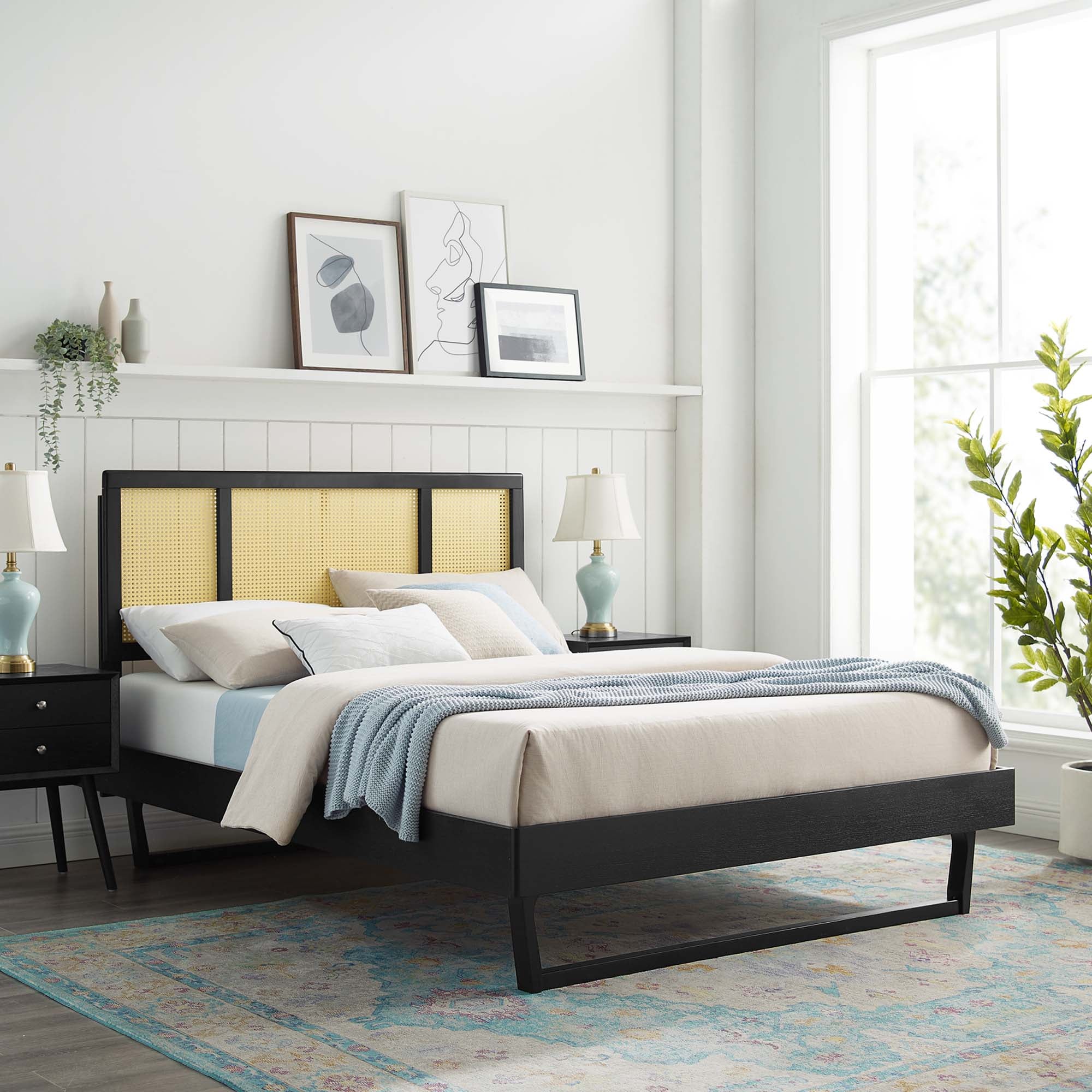 Kelsea Cane and Wood Platform Bed With Angular Legs by Modway