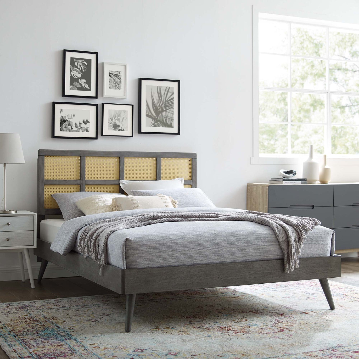 Sidney Cane and Wood Platform Bed With Splayed Legs by Modway