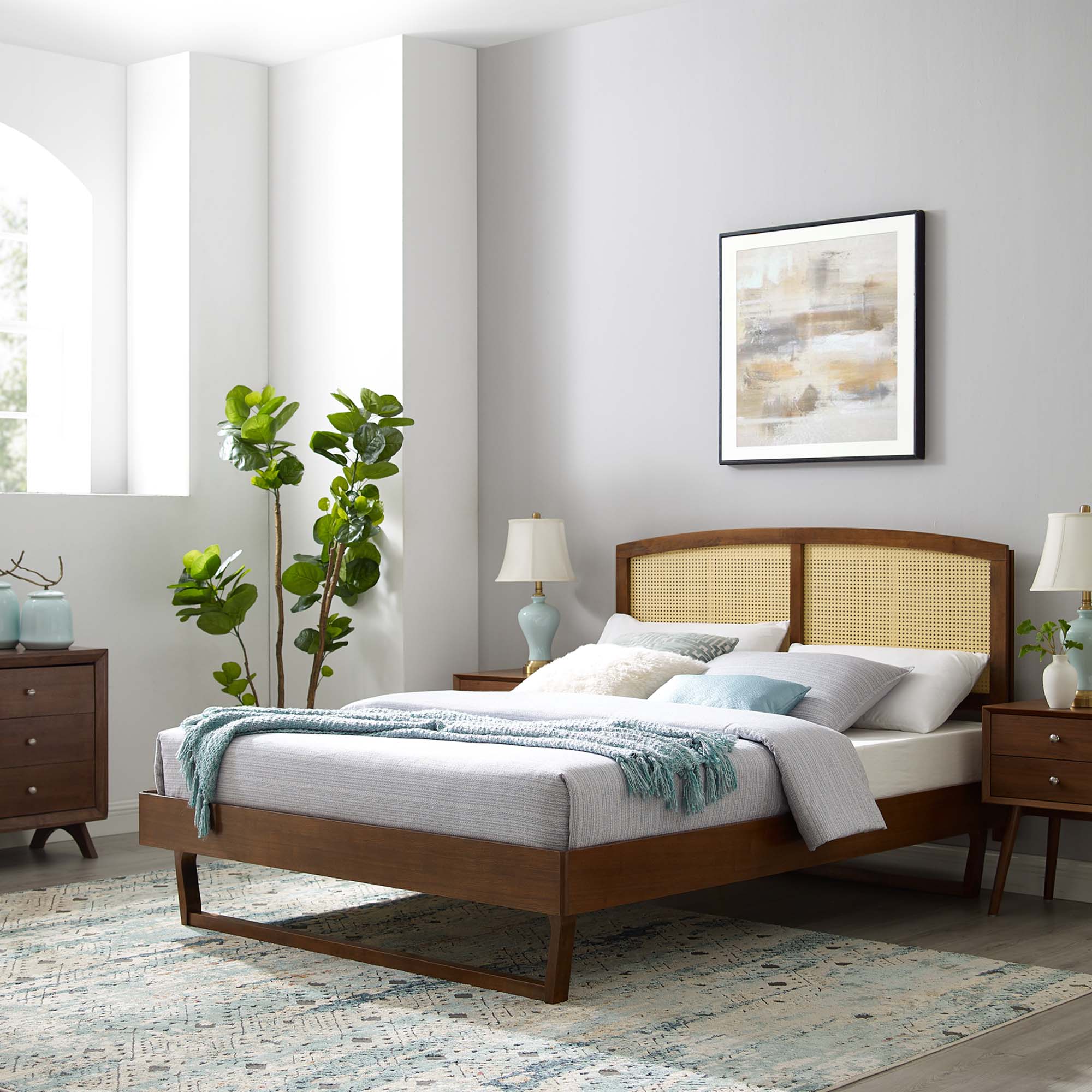 Sierra Cane and Wood Platform Bed With Angular Legs by Modway