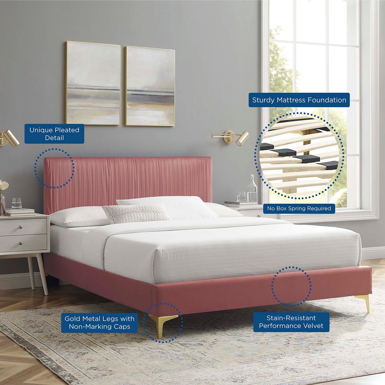 Peyton Performance Velvet Platform Bed With Gold Metal Legs by Modway