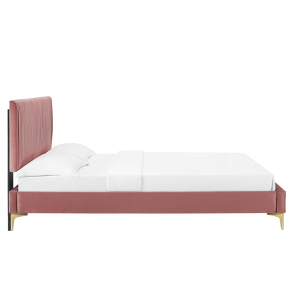 Peyton Performance Velvet Platform Bed With Gold Metal Legs by Modway