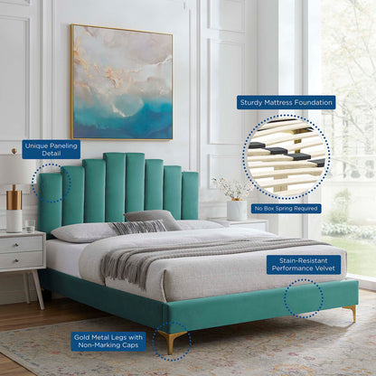 Elise Performance Velvet Platform Bed With Gold Metal Legs by Modway
