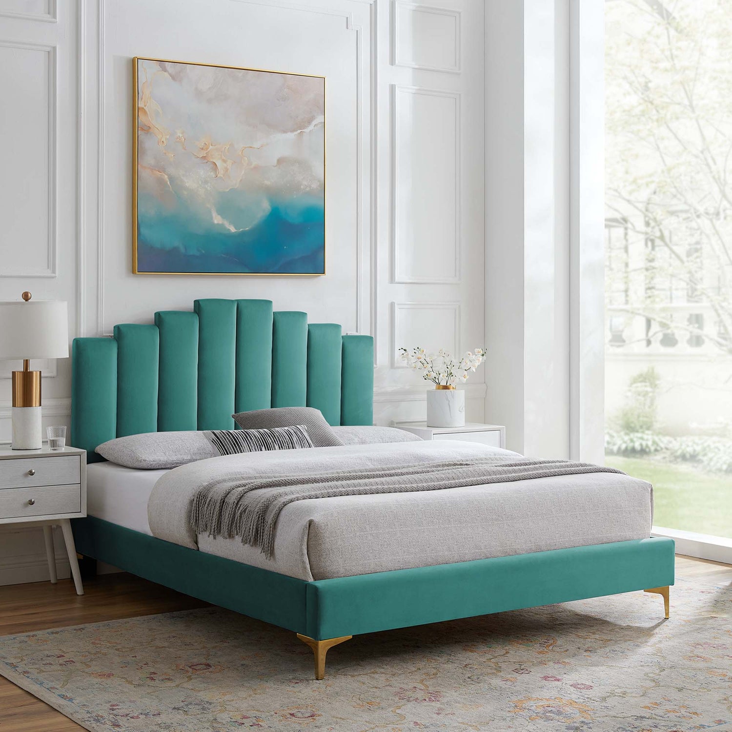 Elise Performance Velvet Platform Bed With Gold Metal Legs by Modway
