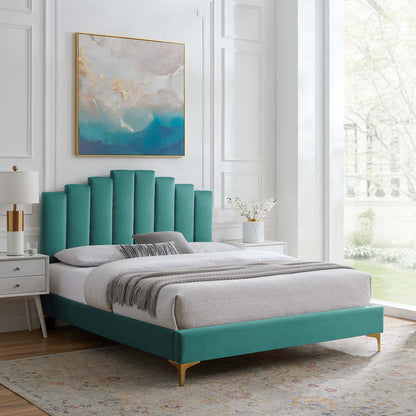 Elise Performance Velvet Platform Bed With Gold Metal Legs by Modway