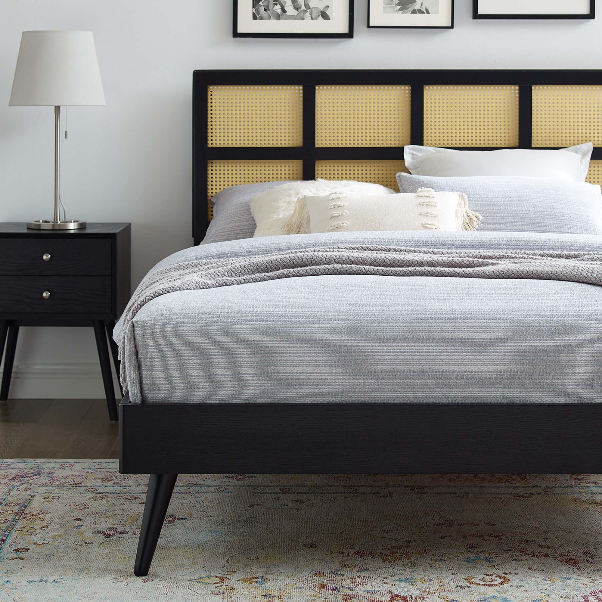 Sidney Cane and Wood Platform Bed With Splayed Legs by Modway