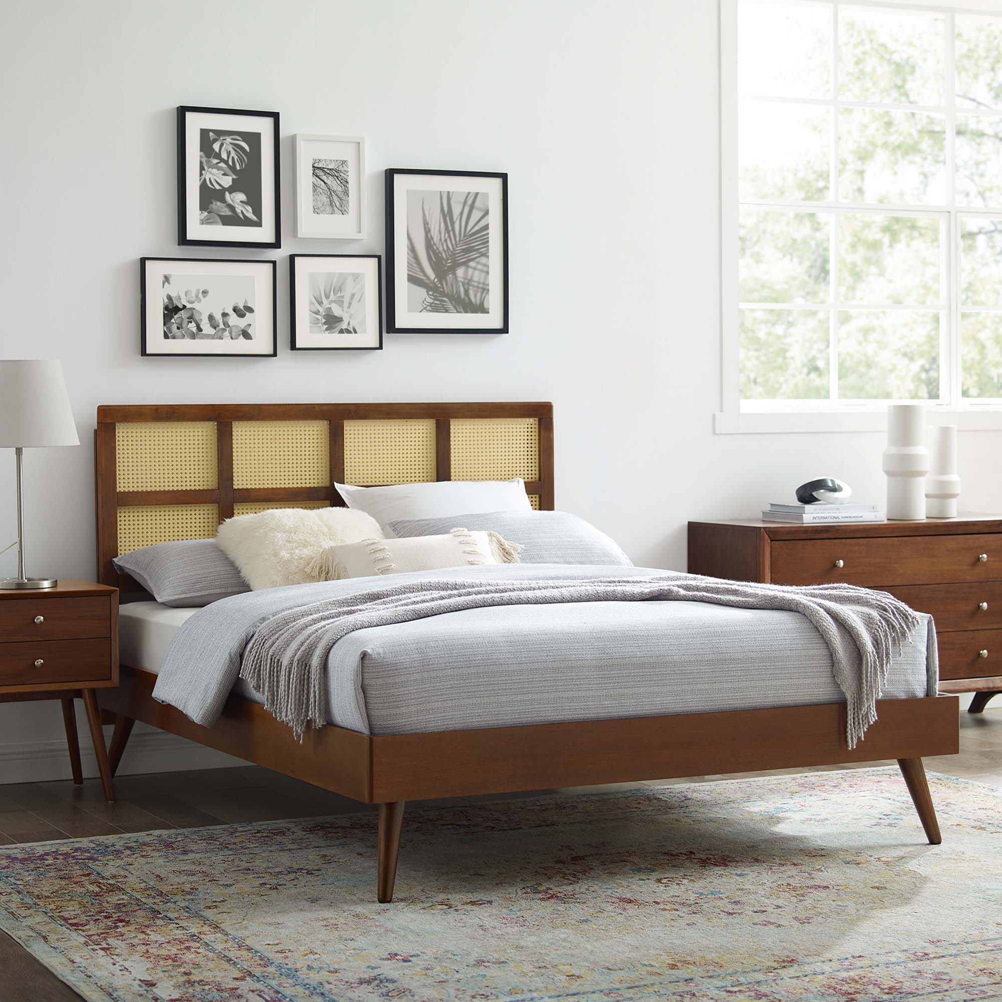 Sidney Cane and Wood Platform Bed With Splayed Legs by Modway