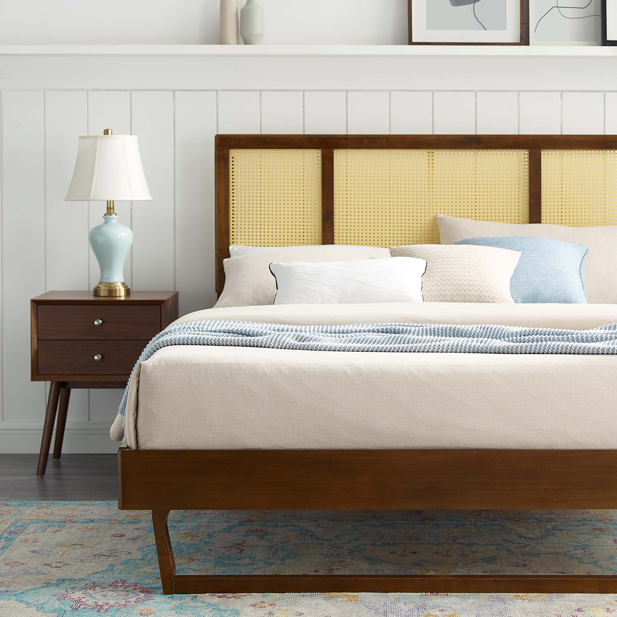 Kelsea Cane and Wood Platform Bed With Angular Legs by Modway