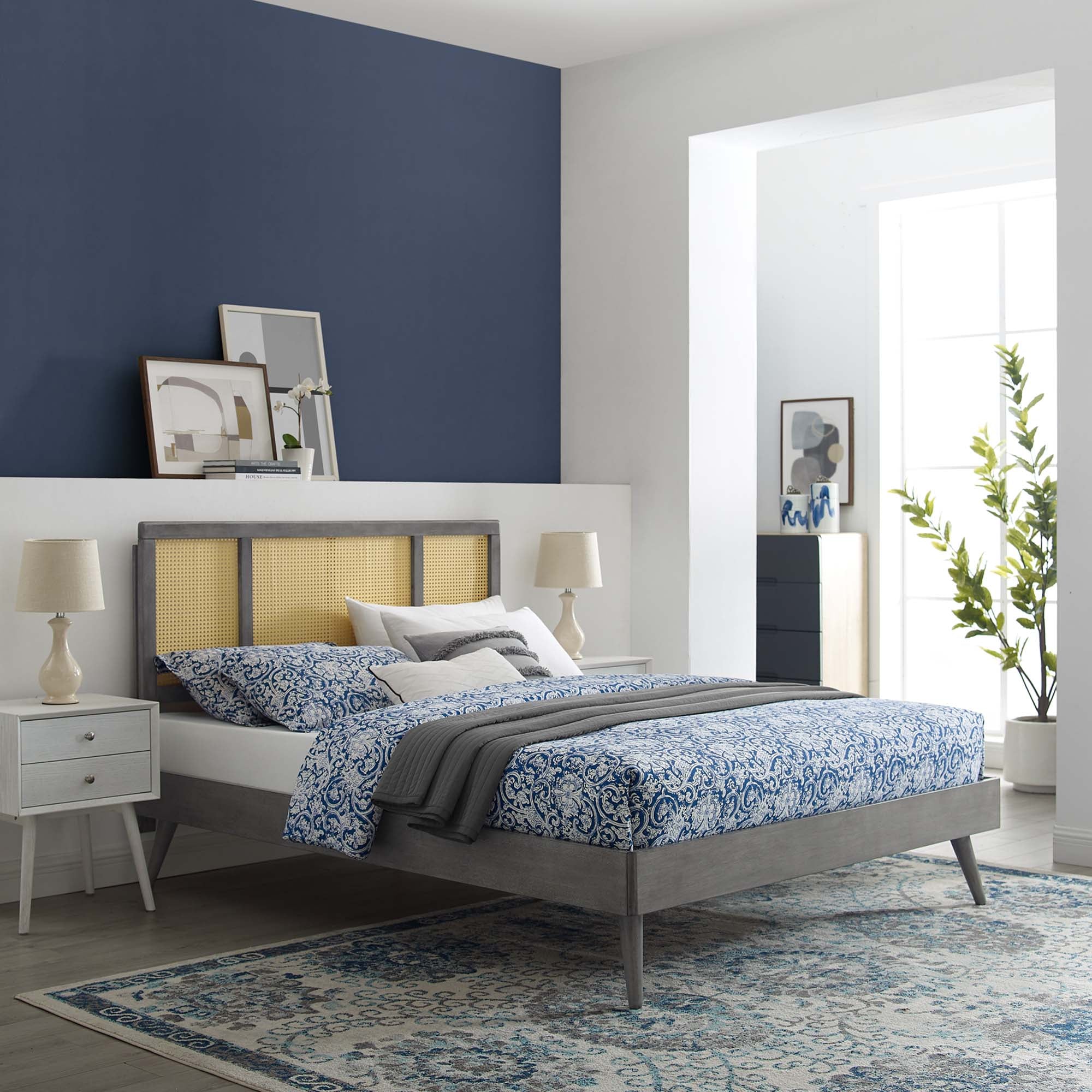 Kelsea Cane and Wood Platform Bed With Splayed Legs by Modway