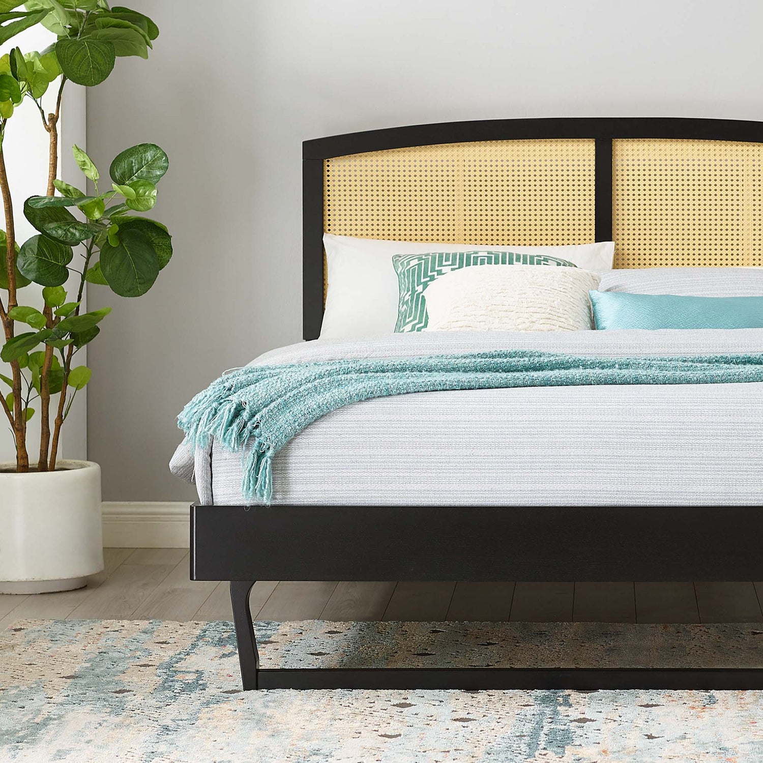 Sierra Cane and Wood Platform Bed With Angular Legs by Modway