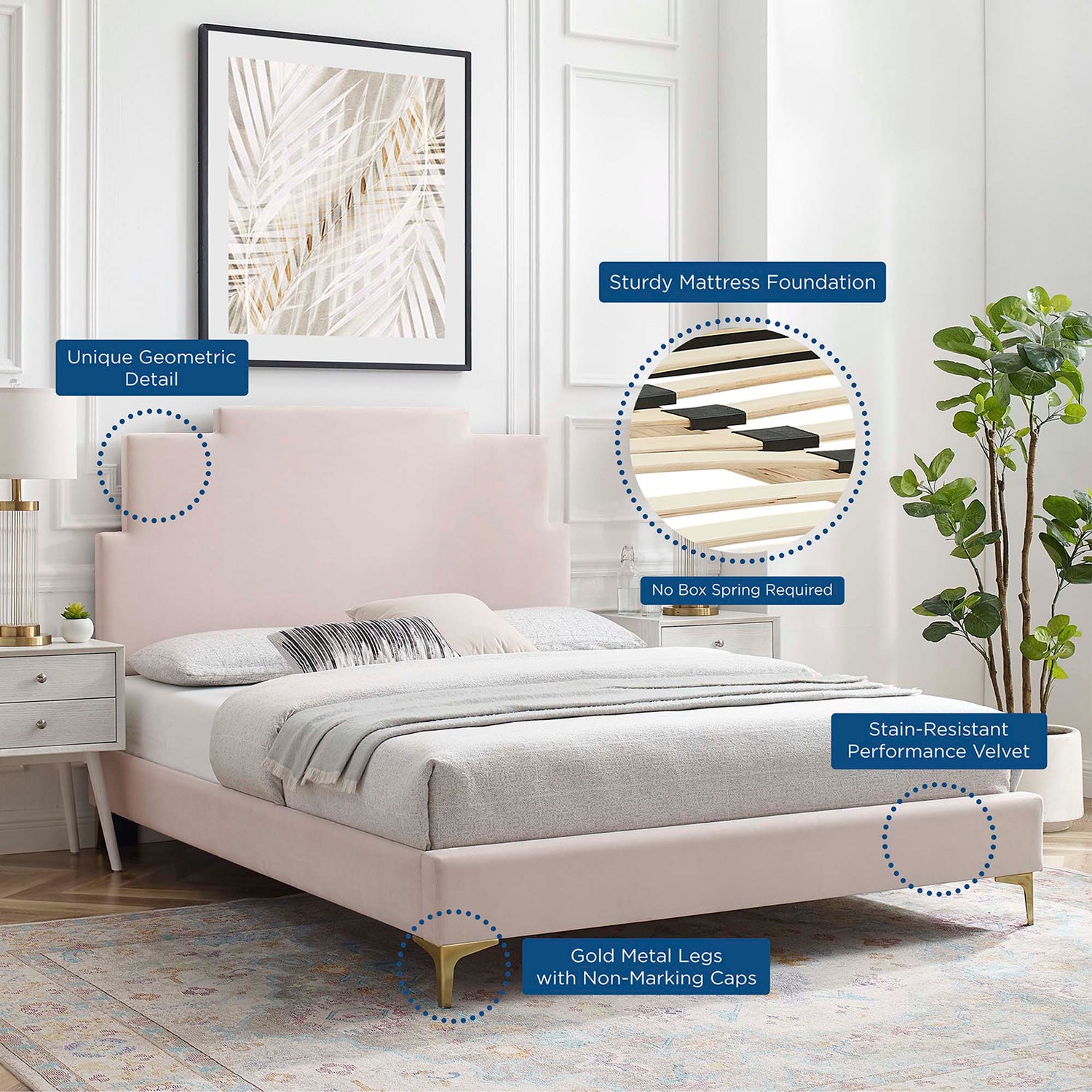 Lindsey Performance Velvet Platform Bed With Gold Metal Legs by Modway