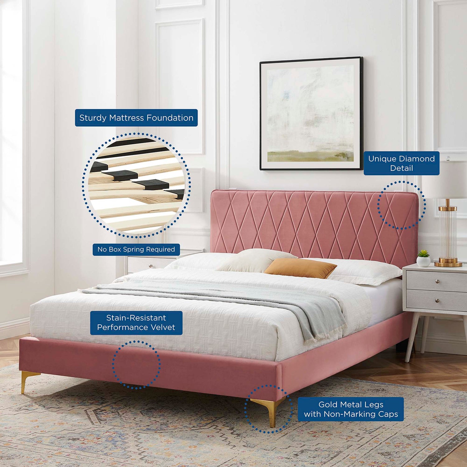 Phillipa Performance Velvet Platform Bed With Gold Metal Legs by Modway