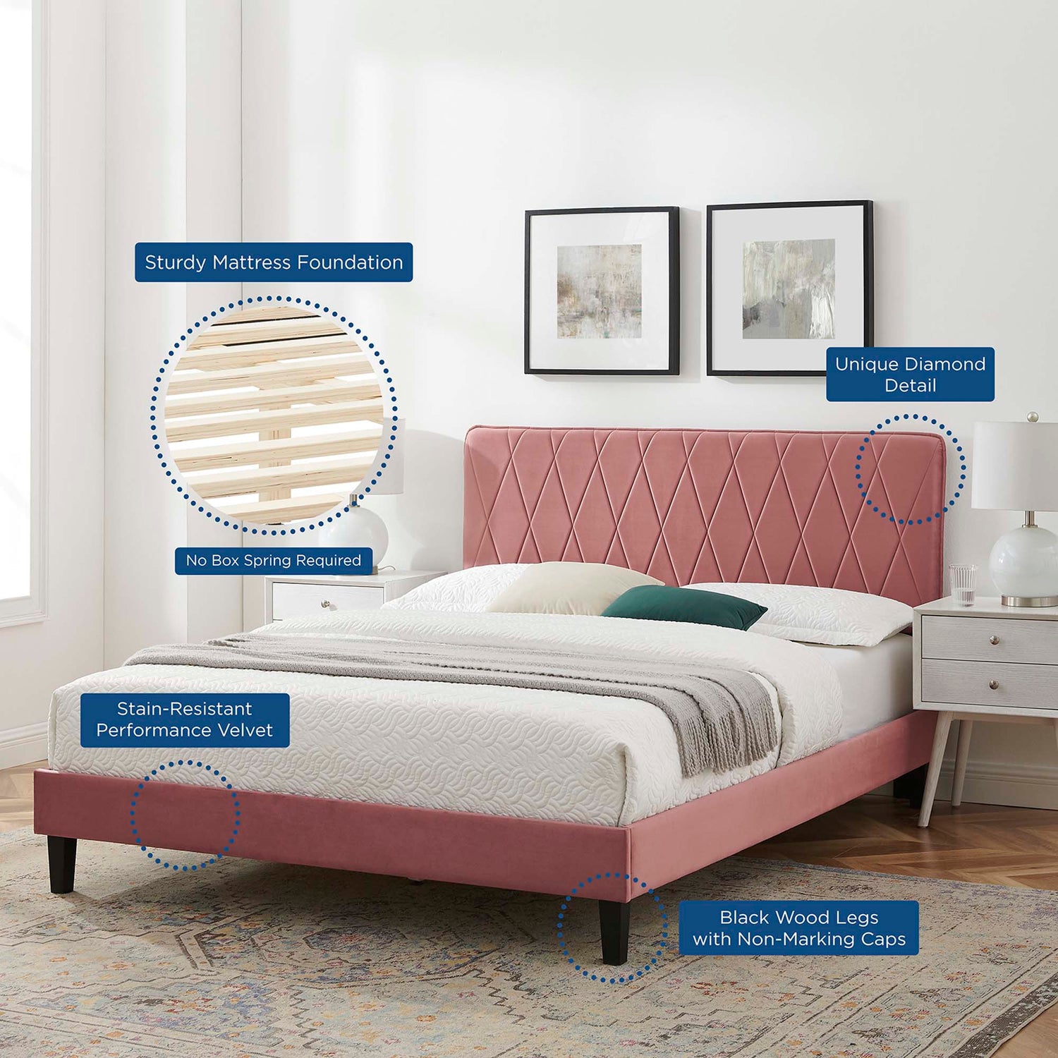 Phillipa Performance Velvet Platform Bed With Black Wood Legs by Modway
