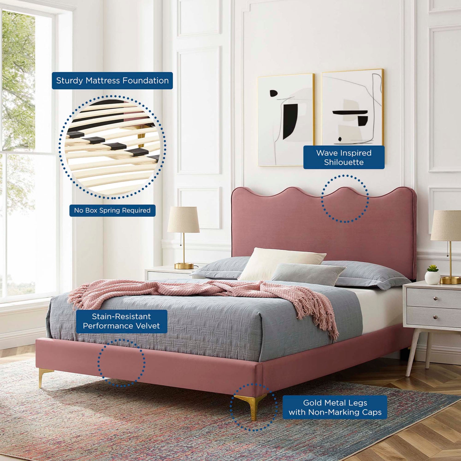 Current Performance Velvet Platform Bed With Gold Metal Legs by Modway