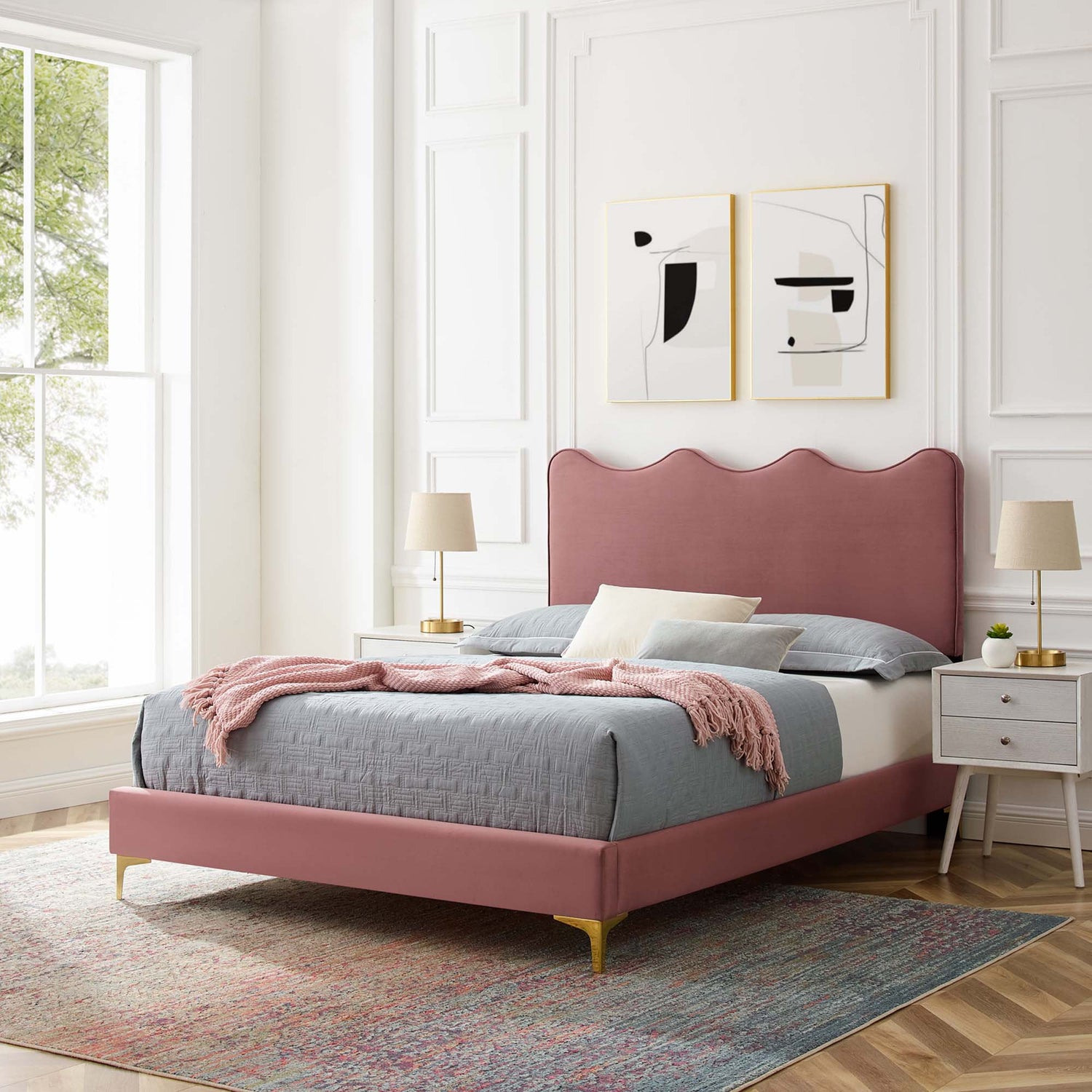 Current Performance Velvet Platform Bed With Gold Metal Legs by Modway
