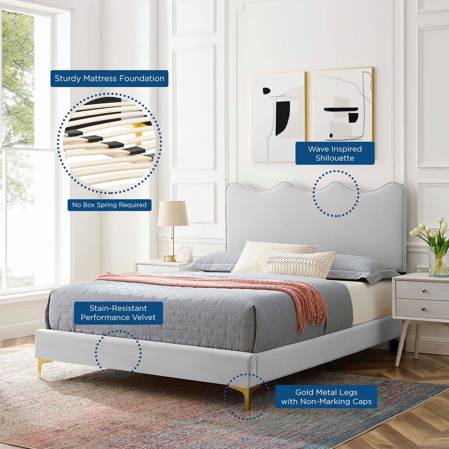 Current Performance Velvet Platform Bed With Gold Metal Legs by Modway