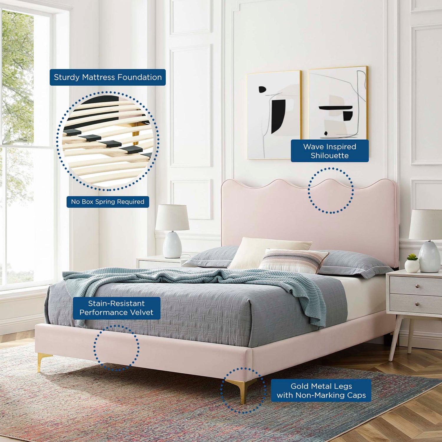 Current Performance Velvet Platform Bed With Gold Metal Legs by Modway