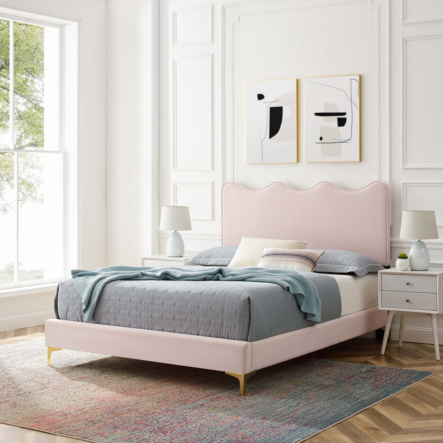 Current Performance Velvet Platform Bed With Gold Metal Legs by Modway