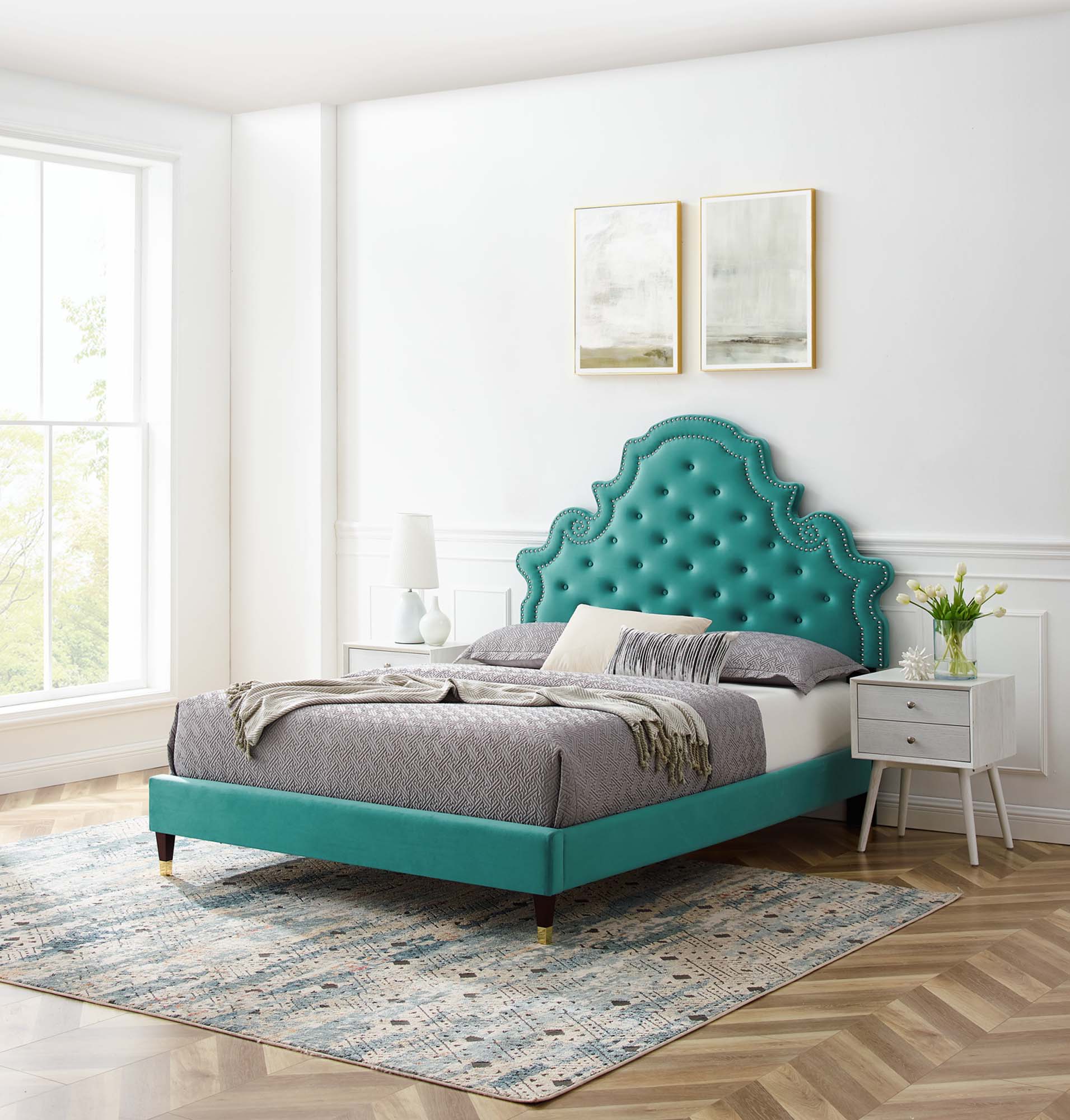 Gwyneth Tufted Performance Velvet Platform Bed With Wood and Gold Legs by Modway