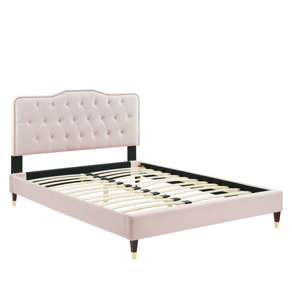 Amber Performance Velvet Platform Bed With Wood and Gold Legs by Modway