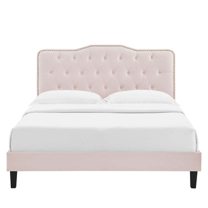 Amber Performance Velvet Platform Bed With Black Wood Legs by Modway