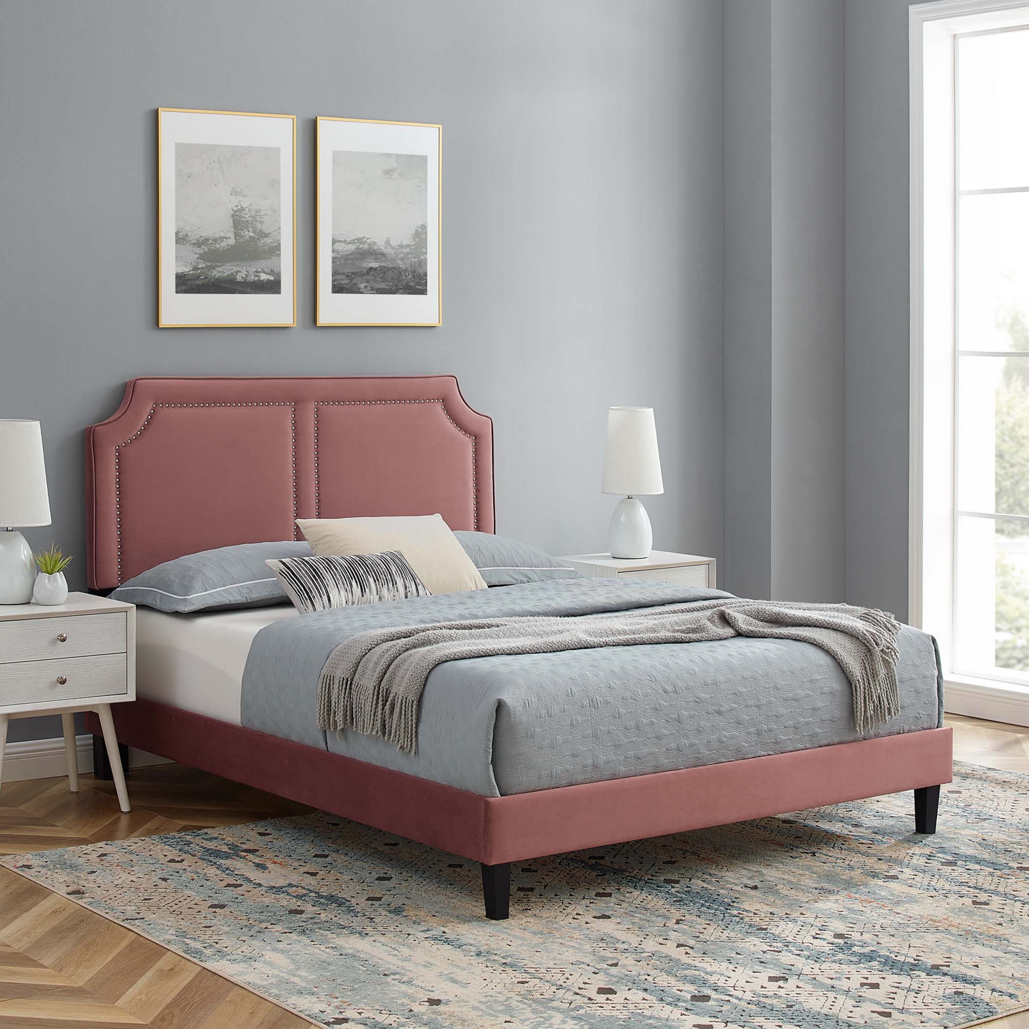 Novi Performance Velvet Bed With Black Wood Legs by Modway