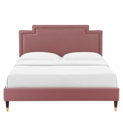 Liva Performance Velvet Bed With Wood and Gold Legs by Modway