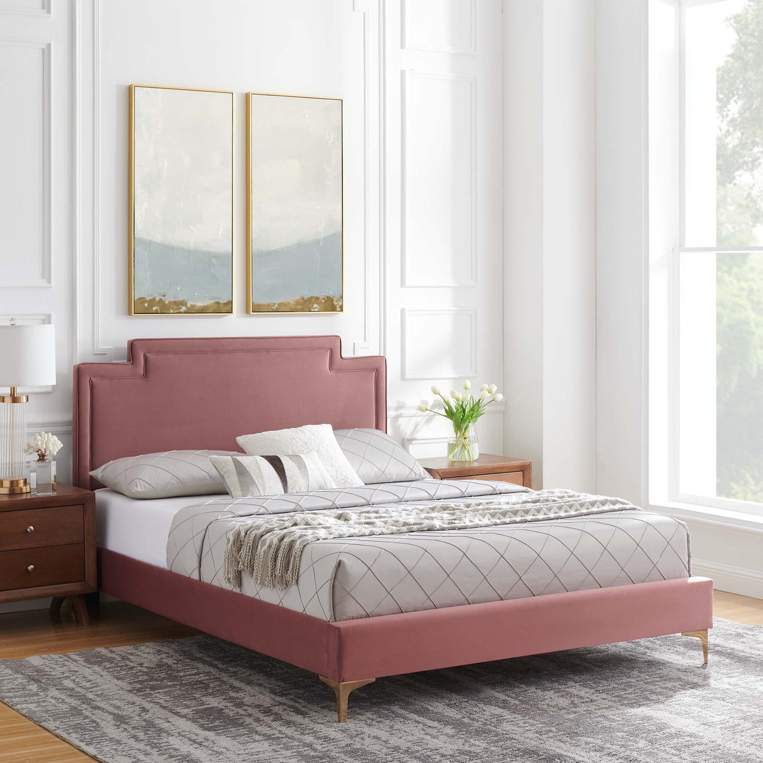 Liva Performance Velvet Bed With Gold Metal Legs by Modway