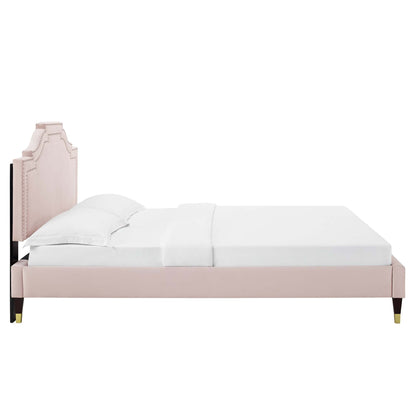 Adelaide Performance Velvet Platform Bed With Wood and Gold Metal Legs by Modway