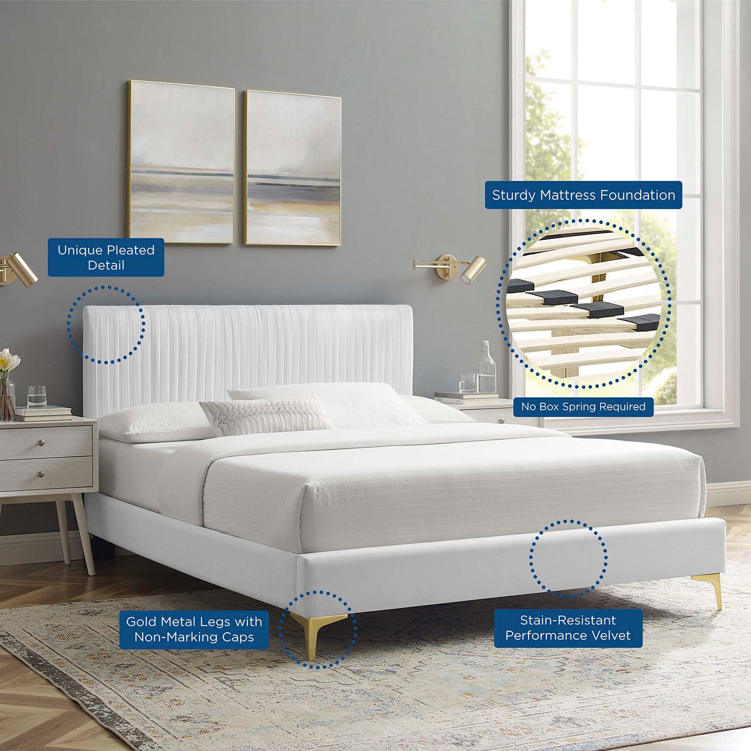 Peyton Performance Velvet Platform Bed With Gold Metal Legs by Modway