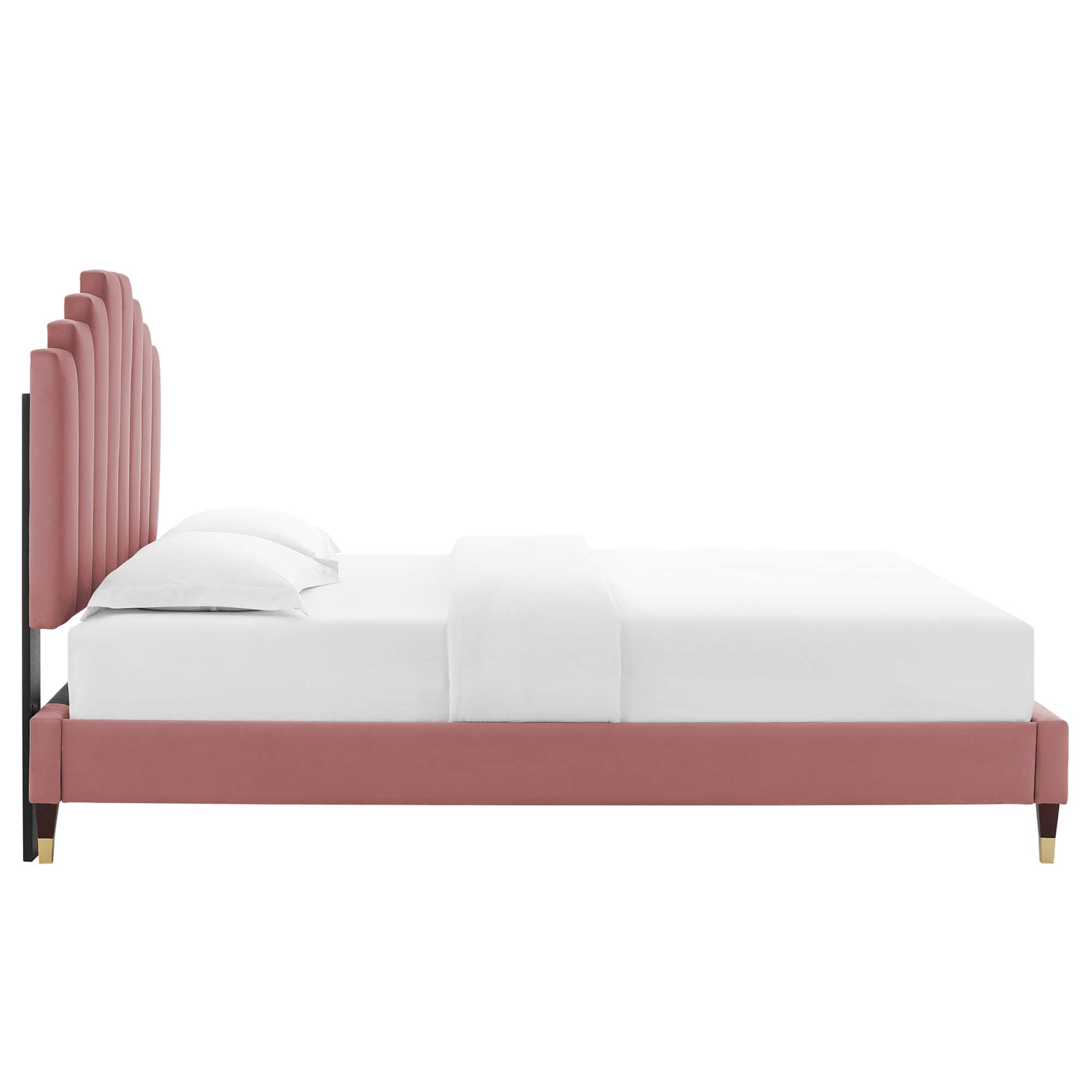 Elise Performance Velvet Platform Bed With Wood and Gold Legs by Modway