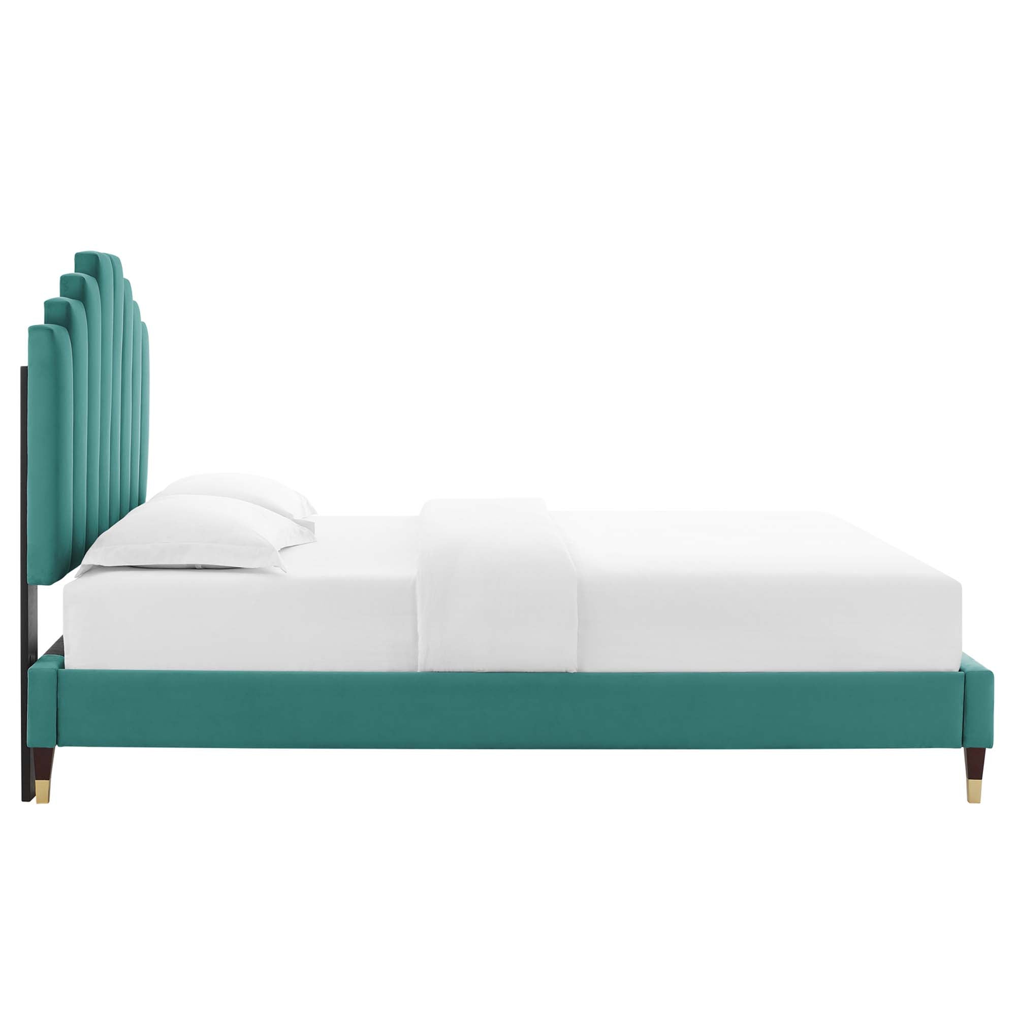 Elise Performance Velvet Platform Bed With Wood and Gold Legs by Modway