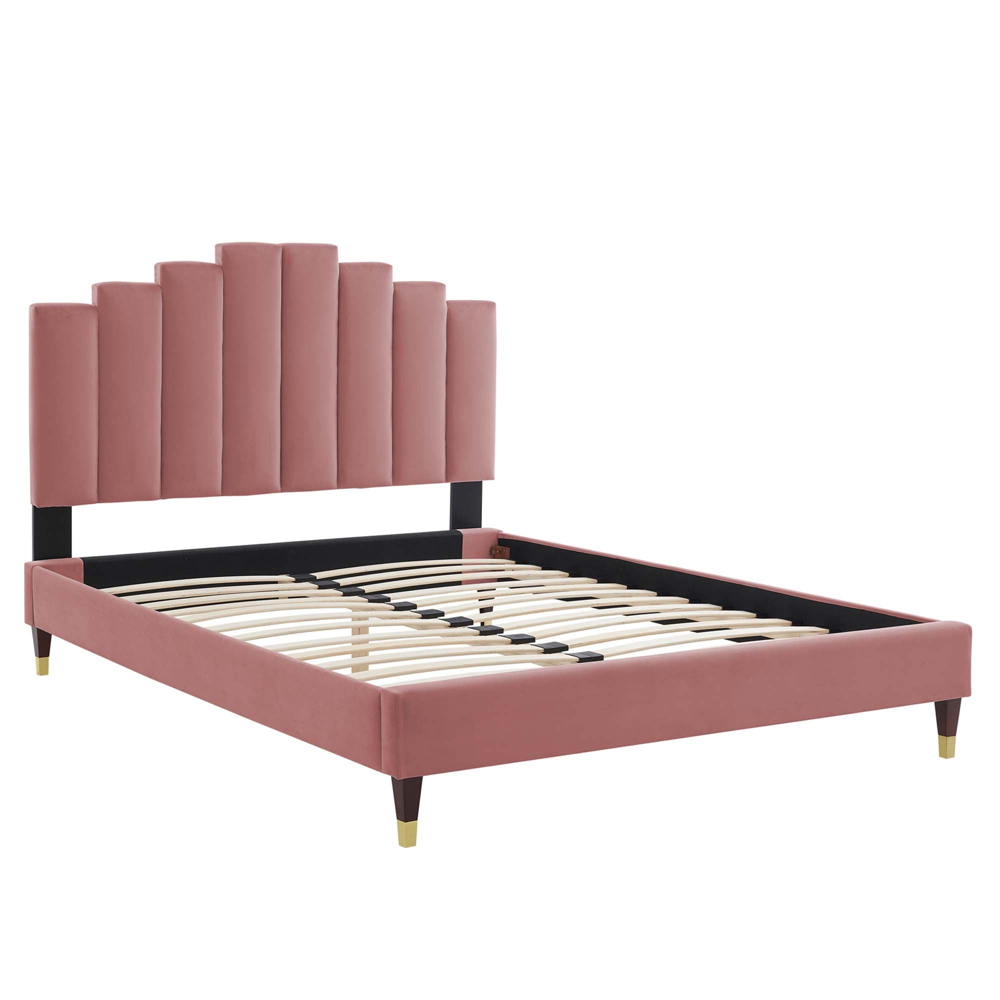 Elise Performance Velvet Platform Bed With Wood and Gold Legs by Modway