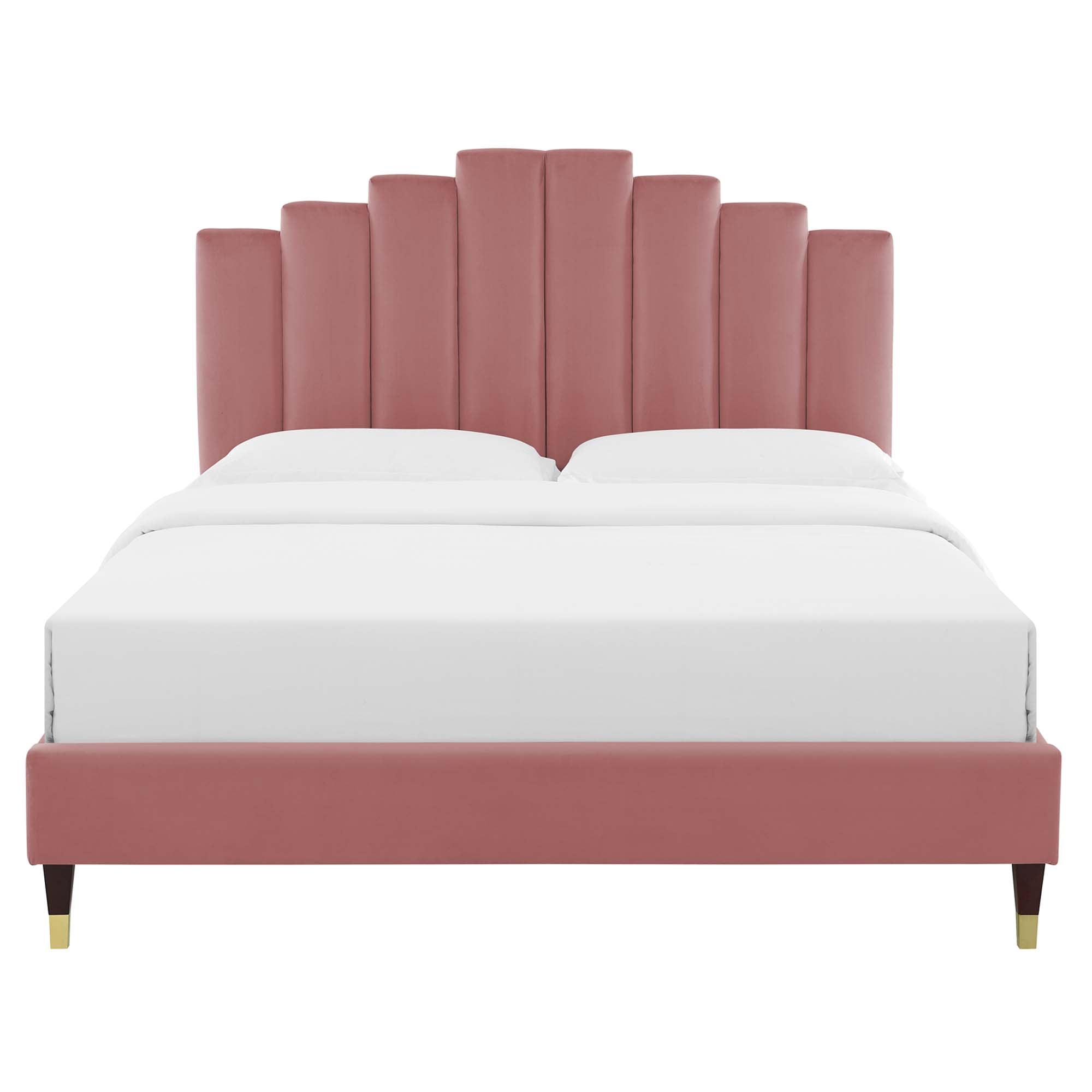 Elise Performance Velvet Platform Bed With Wood and Gold Legs by Modway