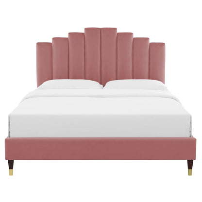 Elise Performance Velvet Platform Bed With Wood and Gold Legs by Modway