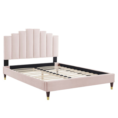 Elise Performance Velvet Platform Bed With Wood and Gold Legs by Modway