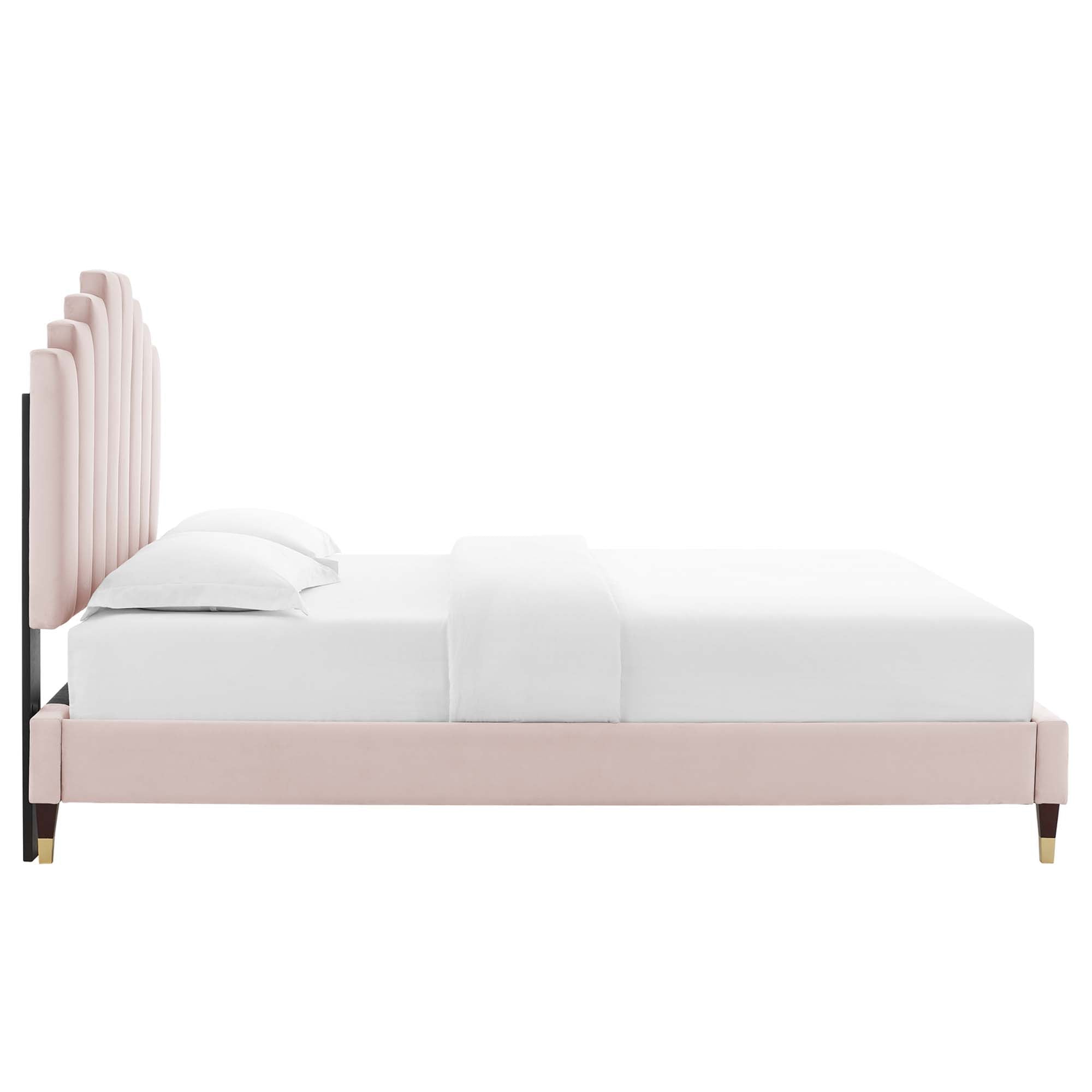 Elise Performance Velvet Platform Bed With Wood and Gold Legs by Modway