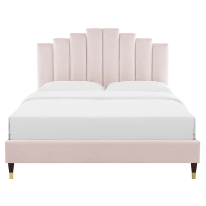 Elise Performance Velvet Platform Bed With Wood and Gold Legs by Modway