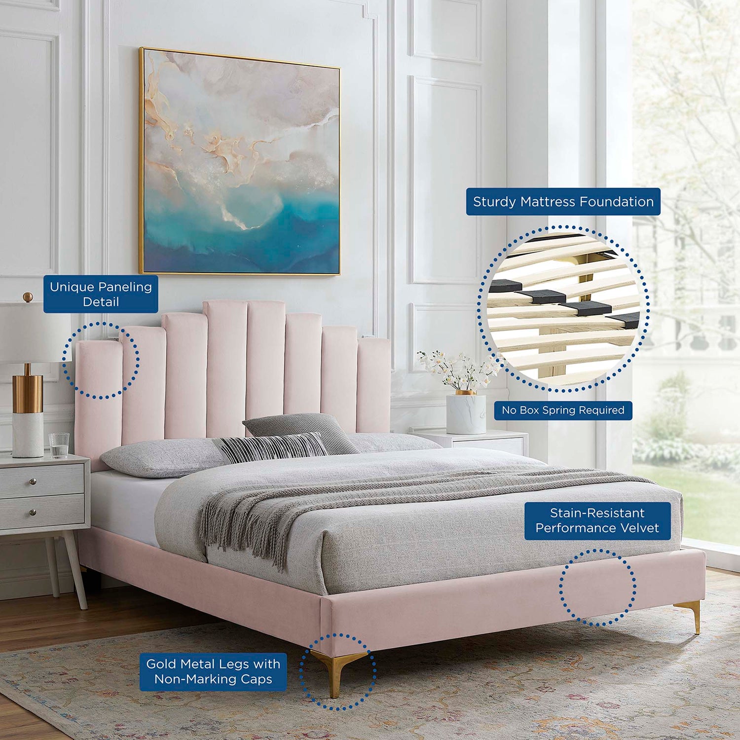 Elise Performance Velvet Platform Bed With Gold Metal Legs by Modway