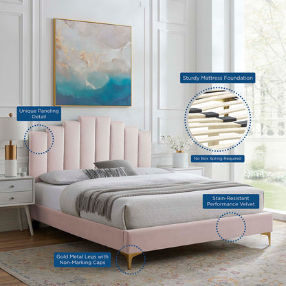 Elise Performance Velvet Platform Bed With Gold Metal Legs by Modway